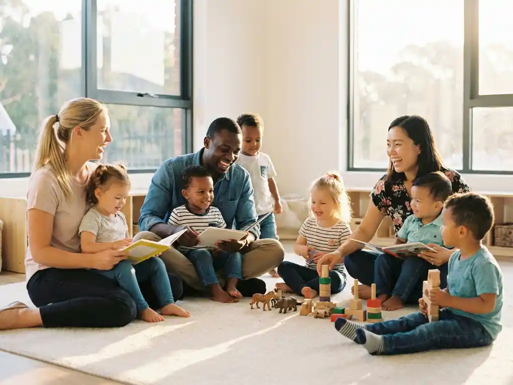 Diverse Erzieher und multikulturelle Kinder im hellen Kindergarten-Sitzkreis mit Holzspielzeug und Bilderbüchern auf cremefarbenem Teppich