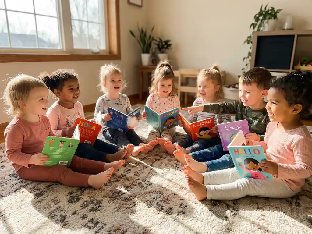 Diverse Kindergruppe sitzt im Kreis auf Teppich mit bunten Bilderbüchern, natürliches Licht durch Fenster