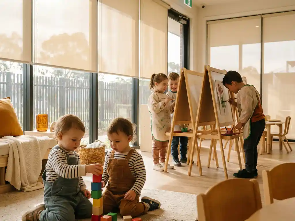 Diverse Kindergruppe spielt in sonnendurchflutetem Betreuungsraum, Kleinkinder bauen mit Blöcken während Vorschulkinder malen