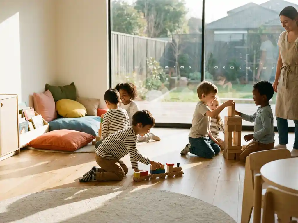 Diverse Kinder verschiedener Ethnien spielen fröhlich zusammen in moderner Kita mit Holzspielzeug und warmem Sonnenlicht