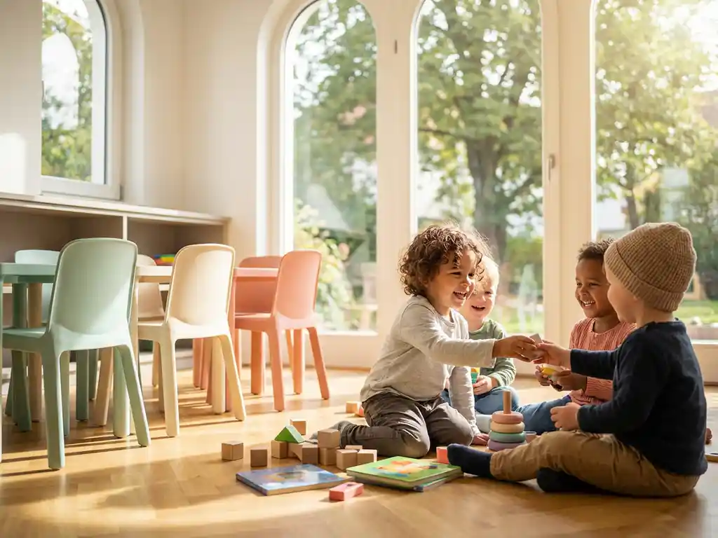 Diverse Kinder spielen fröhlich zusammen in heller Münchner Kita mit buntem Spielzeug auf Holzboden