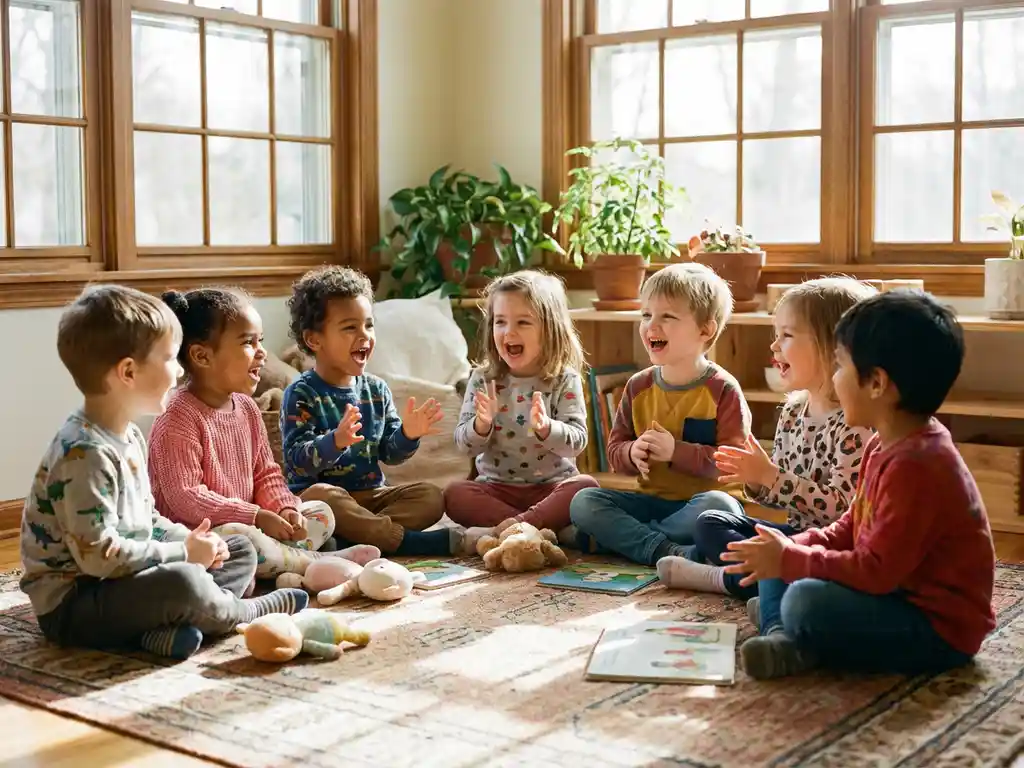 Diverse Kleinkinder im Alter von 2-5 Jahren sitzen im sonnigen Kreis auf weichem Teppich und sprechen fröhlich in verschiedenen Sprachen
