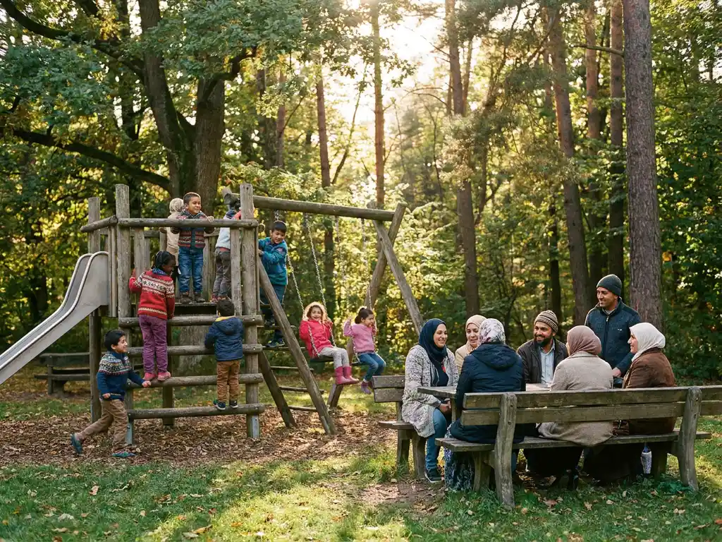 Diverse Kinder spielen auf Holzspielplatz im grünen Park, Eltern beobachten von Bank, warmes Sonnenlicht durch Bäume