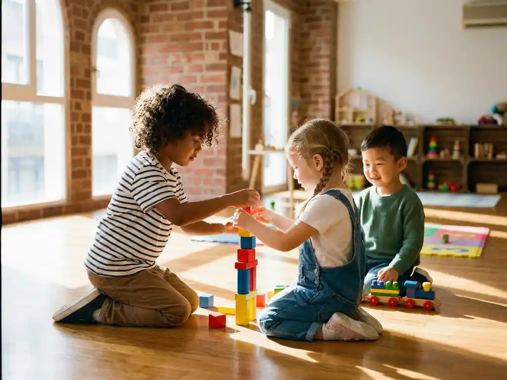Diverse Kindergartenkinder im Alter von 2-4 Jahren spielen zusammen mit bunten Holzklötzen in sonnendurchflutetem Klassenraum