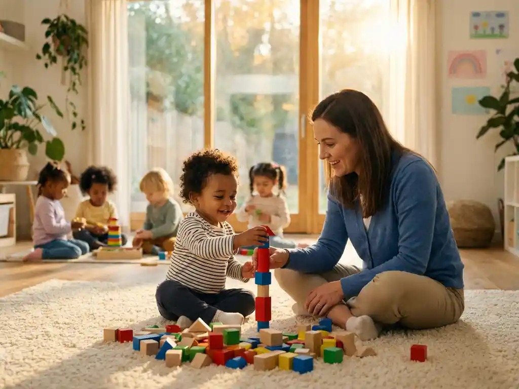 Kind mit lockigen Haaren und Erzieherin bauen gemeinsam bunte Holzklötze in sonnendurchflutetem Kita-Spielzimmer