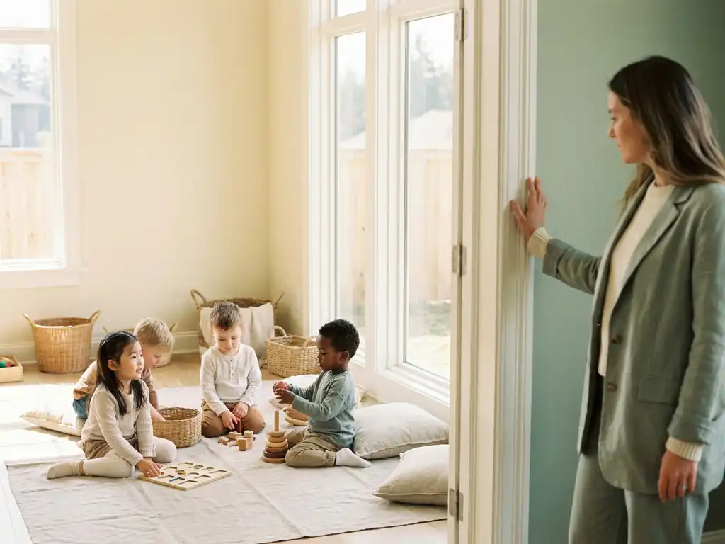 Mehrsprachige Mutter beobachtet besorgt von der Tür, wie Kinder verschiedener Kulturen in einem hellen Montessori-Spielraum spielen.