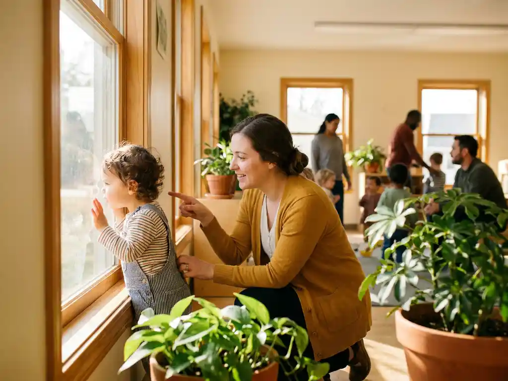 Kleines Kind schaut neugierig durch ein Fenster im Kita-Raum, neben ihm eine kniende Erzieherin im warmen Morgenlicht.