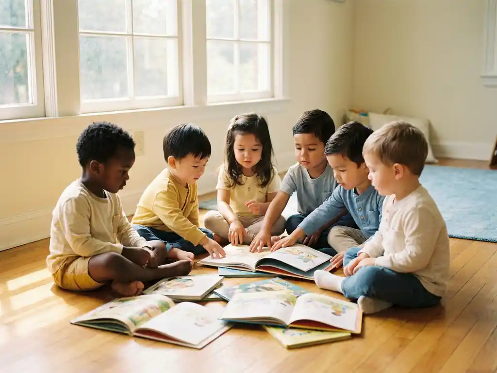 Diverse Kindergruppen sitzen auf Holzboden und blättern gemeinsam in bunten Bilderbüchern im sonnendurchfluteten Raum.