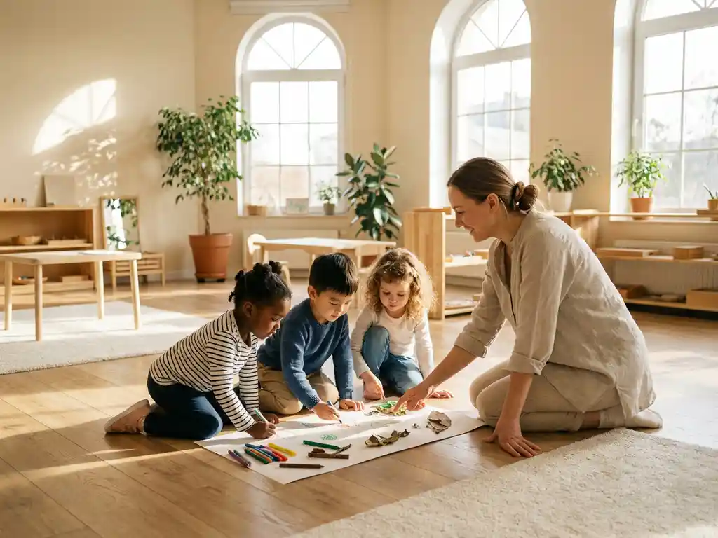 Drei Kinder verschiedener Ethnien malen gemeinsam auf Holzboden, begleitet von einer Betreuerin in einem hellen Montessori-Raum.