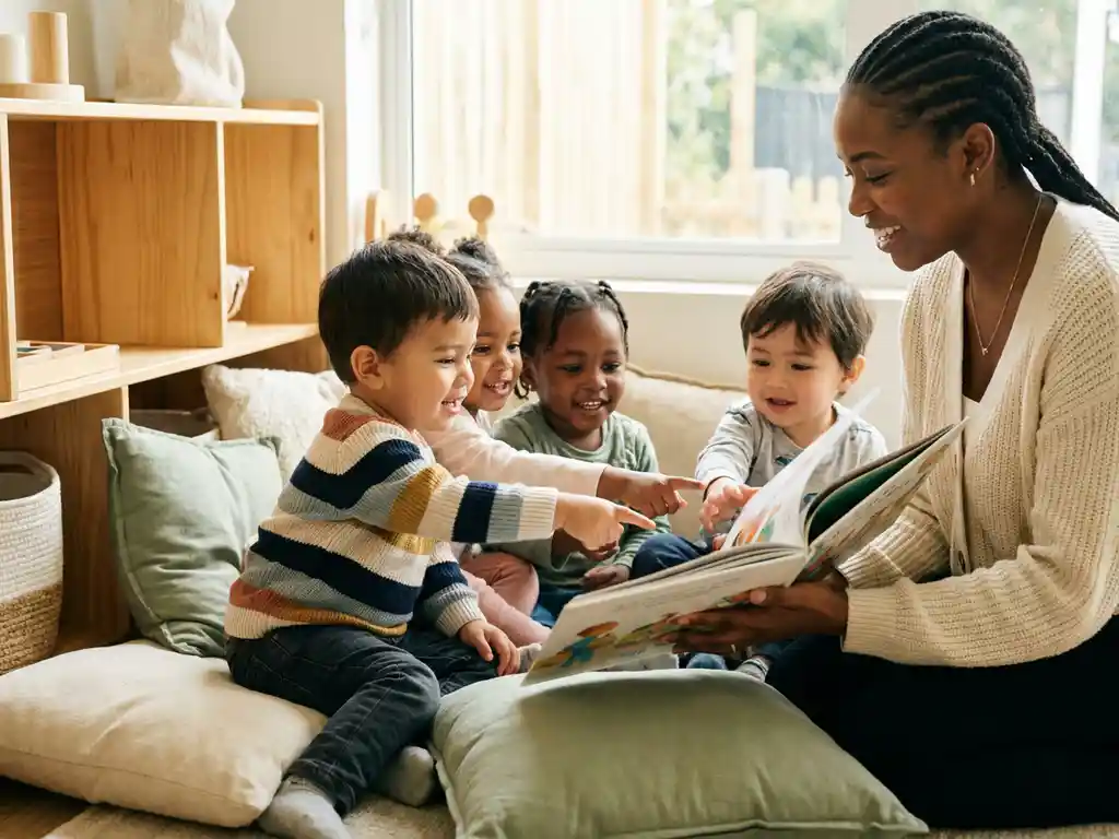 Diverse Kindergruppen hören gespannt einer Betreuerin beim Vorlesen eines bunten Bilderbuchs in einem sonnendurchfluteten Klassenzimmer zu.