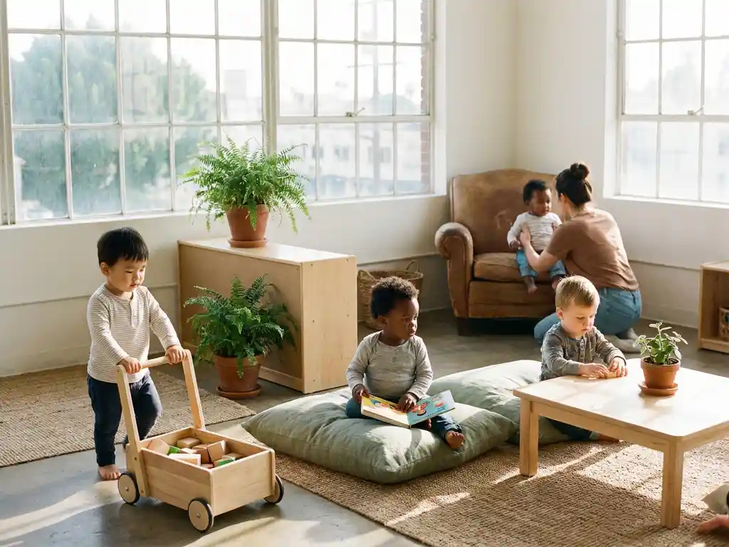 Diverse Kleinkinder spielen in einem hellen Montessori-Spielzimmer mit Holzmöbeln, Leinenkissen und Topfpflanzen in warmem Nachmittagslicht.