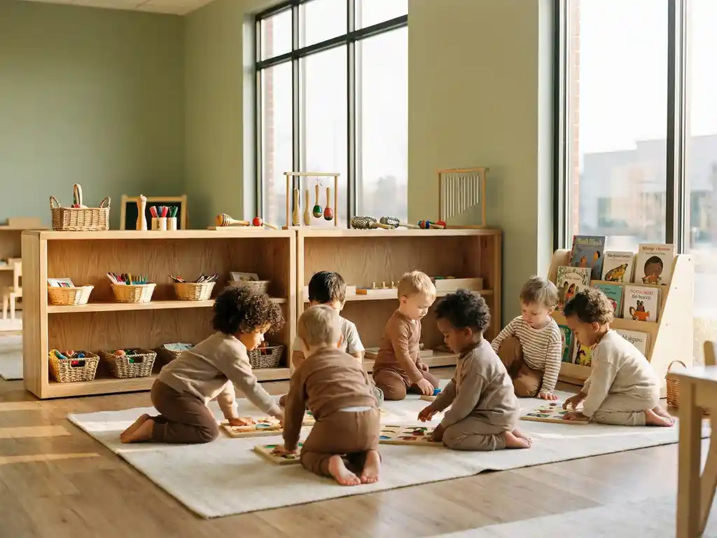 Diverse Kleinkinder erkunden einen hellen Montessori-Spielraum mit Naturholzregalen, Kunstmaterialien und zweisprachigen Bilderbüchern im Morgenlicht.