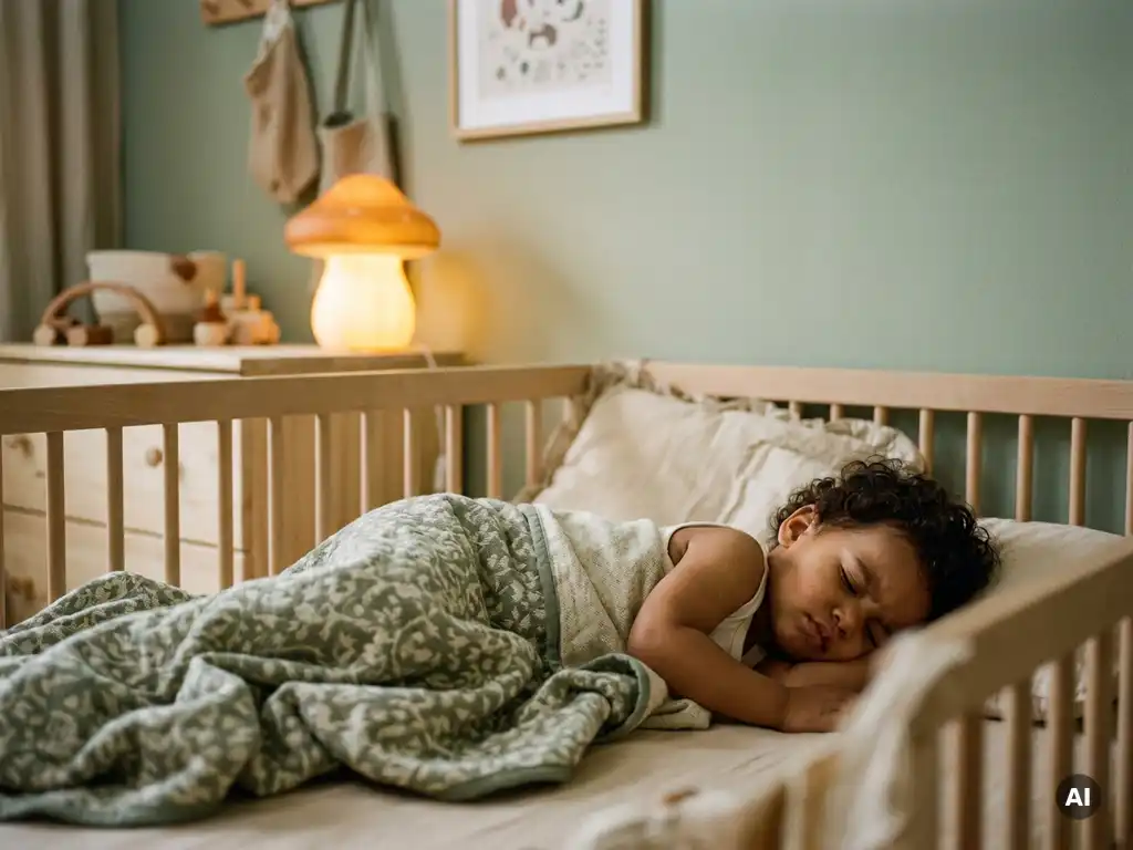 Kleinkind schläft unruhig in einem gemütlichen Kinderbettchen, Decke halb abgestreift, warmes Nachtlicht beleuchtet das Babyzimmer.