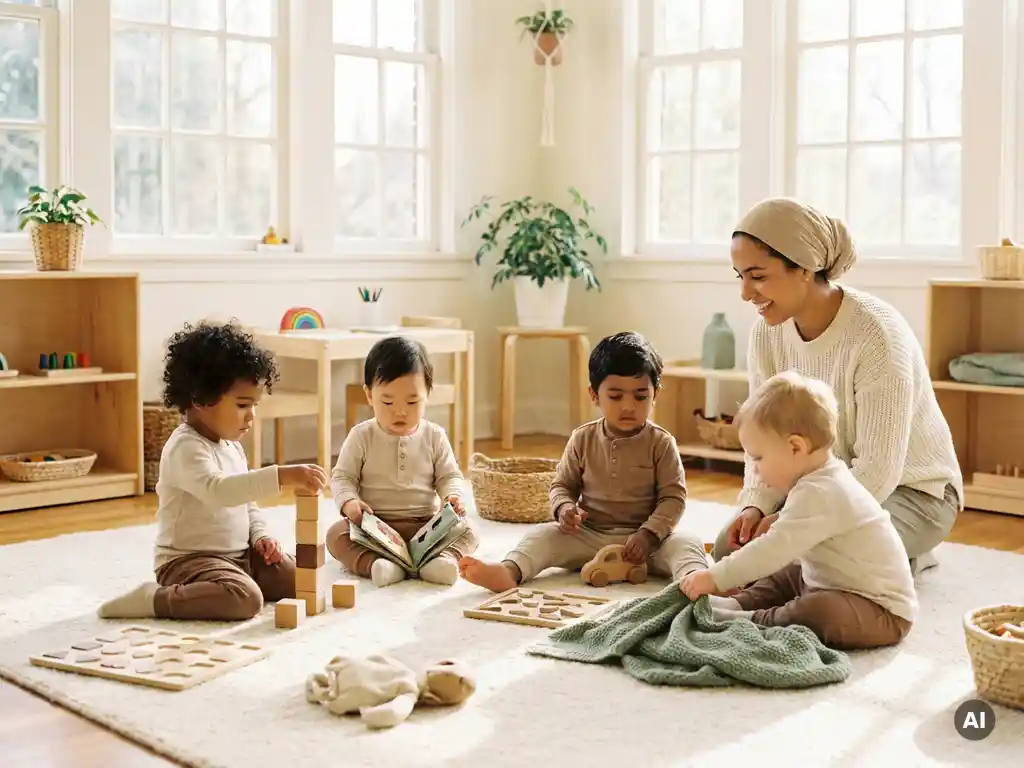Diverse Kleinkinder spielen gemeinsam in einem hellen Montessori-Raum, begleitet von einer fürsorglichen Betreuerin mit Holzspielzeug.